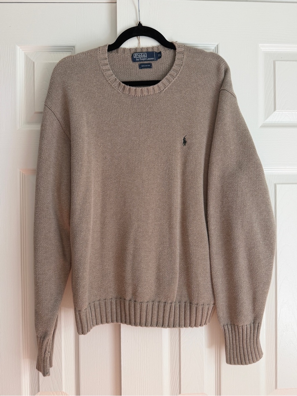 Vintage 90s Ralph Lauren beige oatmeal logo crewneck knit sweater size XL cotton